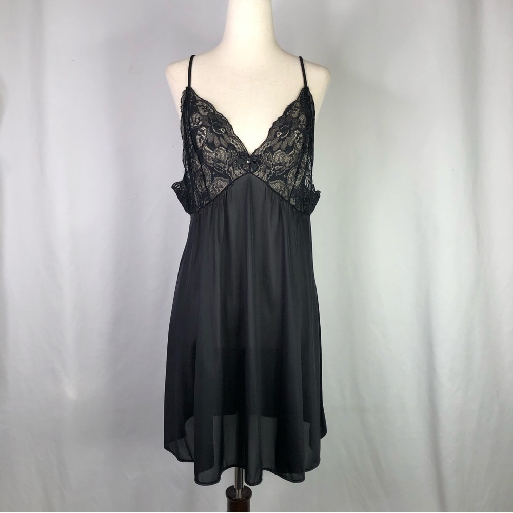 Vintage Shadowline black sheer short slip lace bodice made in USA glam sissy S